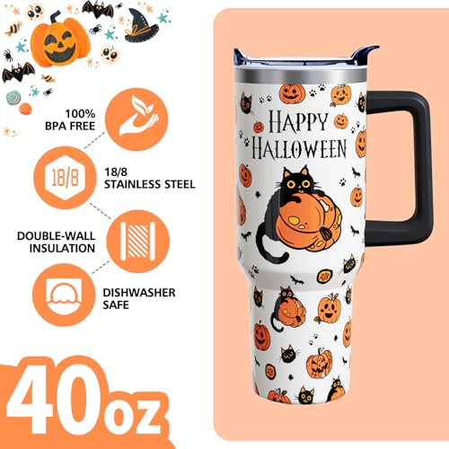 Halloween Cat 40oz Insulated Tumbler Cup with Handle & Straw - Goth Pumpkin Theme