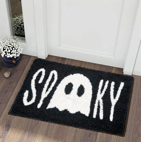 Halloween Bath Mat Non Slip 20 x 32 Inches Ghost Spooky Rug Black & White Variation
