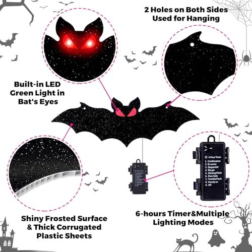 Lighted Halloween Bats Decor - 4PCS Outdoor Indoor Hanging Bat Set - Red Variation