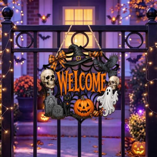 Halloween Door Decor Ghost Wreath Welcome Wall Sign - Variation of Welcome-4