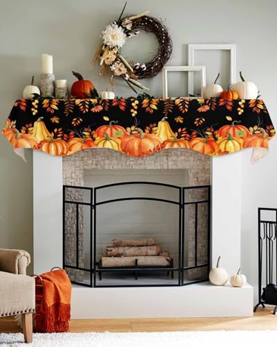 Mantel Scarf 70x17 Inch Fall Pumpkin Thanksgiving Autumn Leaves Fireplace Cover - Orange Red Black Variation