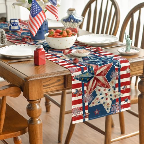 Patriotic American Flag Stars Table Runner - 13x72 Inch Red 4th of July Decor