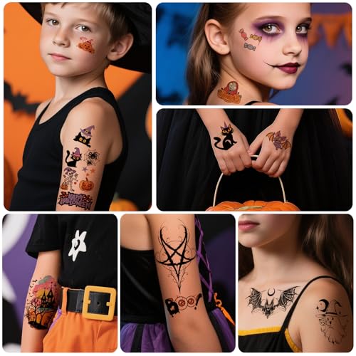 Halloween Temporary Tattoos Set - 77 Pieces with Half Sleeve and Small Designs - Kids & Adults - Halloween Tattoos