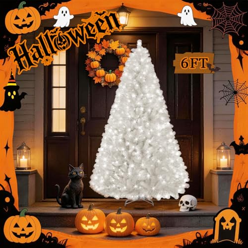 White 6ft Prelit Christmas Tree with 300 LED Lights & PVC Branches - Halloween & Xmas Decor - Metal Stand & Hinged Branches (Variation: White / 6ft)