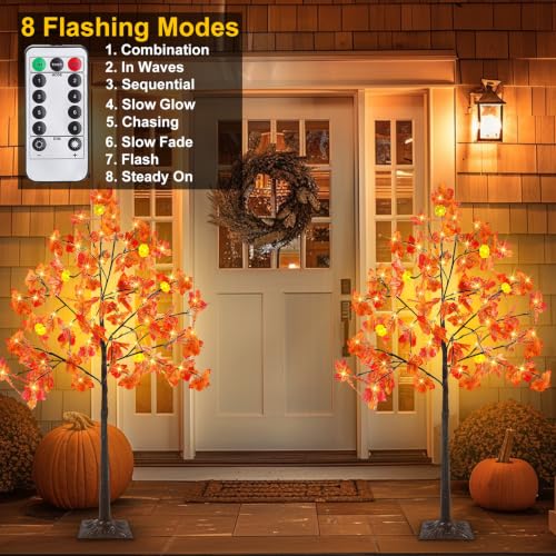 TURNMEON 2 Pack 4ft Prelit Fall Maple Trees with Pumpkins & Acorns - Outdoor Halloween Decor