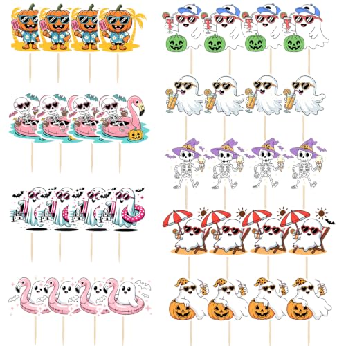 36 Pcs Summer Halloween Cupcake Toppers - Ghost Beach Cake Decorations for Parties