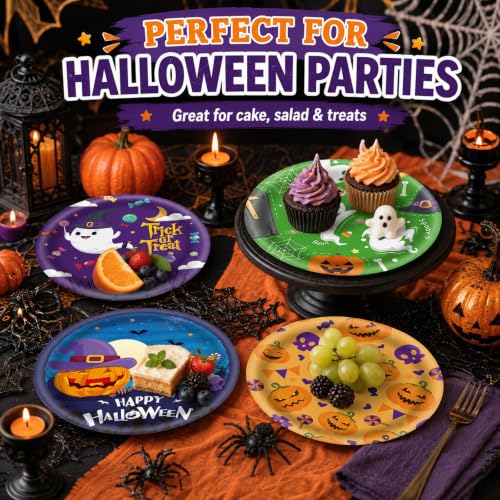 48Pcs Halloween Paper Plates 7 Inch with Ghost Pumpkin Skeleton Designs - Fall Party Tableware - Halloween Variation