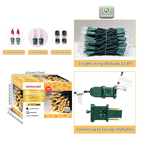 Ultra-Bright Connectable Christmas String Lights 300 LED 63.8ft Green Wire - Indoor Outdoor Holiday Decor - Variation of 150 Lights Pair