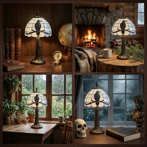 Vintage Stained Glass Raven Lamp - Handcrafted Gothic Table Light with 6Wx12.5H Variation