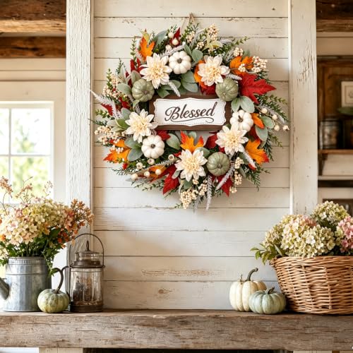 Idyllic 24-Inch Fall Wreath with Pumpkins Dahlias and Decorative Sign for Front Door