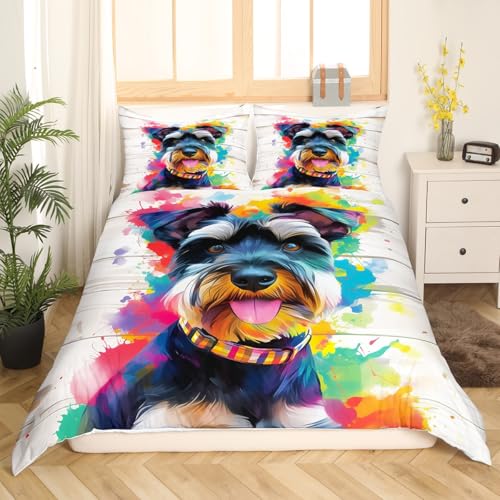 Fairy Tale Schnauzer Duvet Cover Set Twin Size Watercolor Dog Bedding with Pillowcase - White Pink