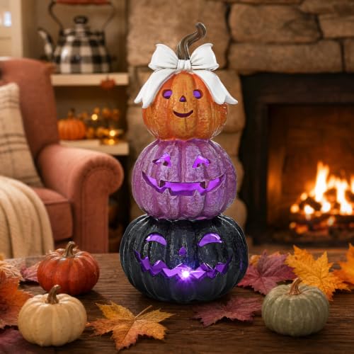 Fall Halloween LED Jack O' Lantern Pumpkin 3-Tier Resin Decor with Bow