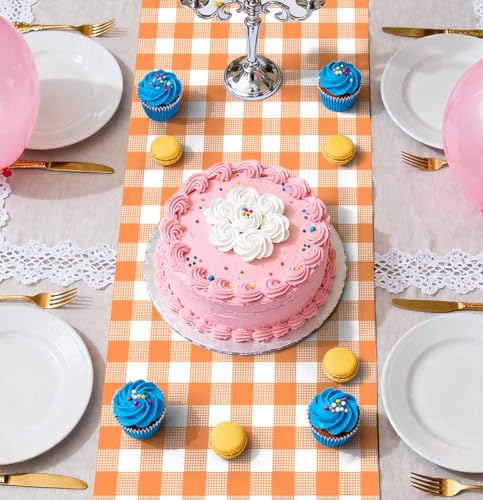 Orange Gingham Table Runner - 6 Pack Disposable Plastic Checkered Table Decor