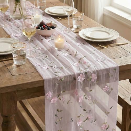 Pink 3D Flower Gauze Embroidery Table Runner - 28 x 120 Inch