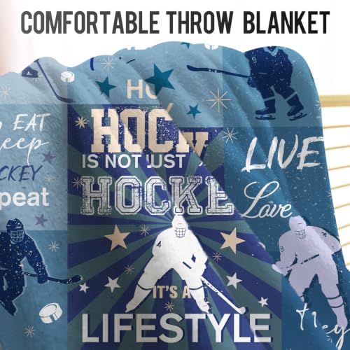 Hockey Blue Throw Blanket 60x80 Inches - Soft Flannel Ice Hockey Gift for Boys Girls Teens Adults