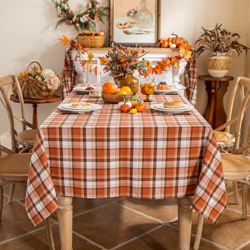 Thanksgiving Tablecloth 55x55 Inch Rust Tartan Square Washable Fall Decor