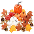 Artificial Fall Pumpkin Set with Maple Leaves Pinecones for Thanksgiving Decor - 24 Pcs