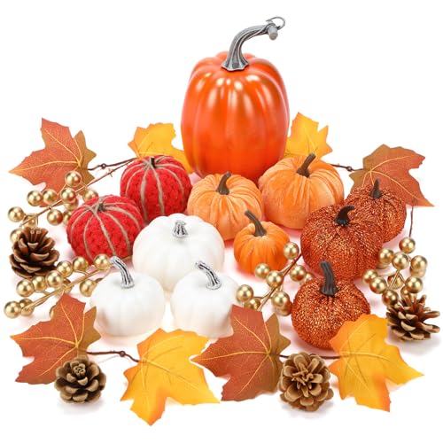 Artificial Fall Pumpkin Set with Maple Leaves Pinecones for Thanksgiving Decor - 24 Pcs