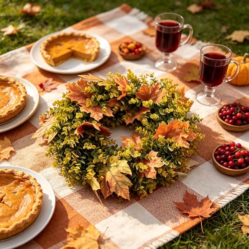 Fall Wreath for Front Door - Artificial Autumn Maple Leaf & Boxwood Decor - Yellow Variation