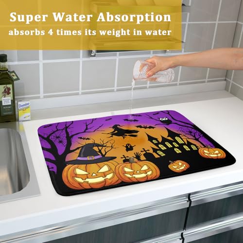 Halloween Pumpkin Dish Drying Mat for Kitchen Counter 18x24 Inch with Witch Ghost Castle Design - Purple Microfiber Drainer Mat