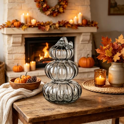 Black Large Stacked Glass Pumpkin Decor - Fall Halloween Centerpiece