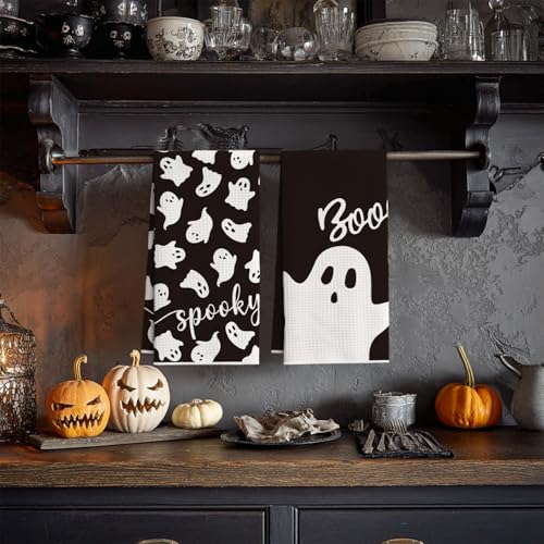 Microfiber Kitchen Towels Set of 2 - 18x26 Inch Black Ghost Spooky Design, Quick Dry & Absorbent