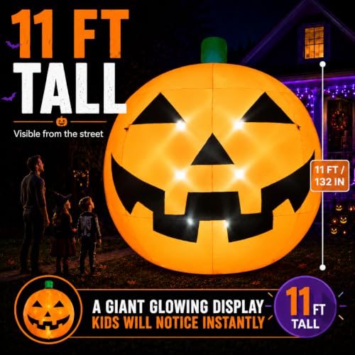 11FT Giant Inflatable Pumpkin with LED Lights - Outdoor Halloween Yard Decor