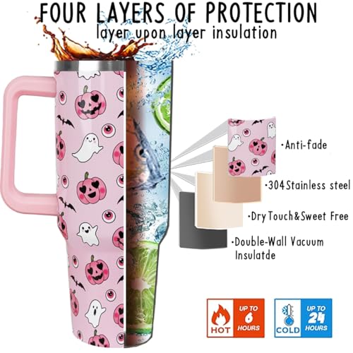 Halloween 40oz Ghost Tumbler with Handle & Straw - Pink & White Spooky Bat Leak-Proof Drinkware
