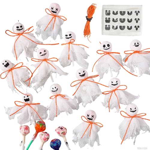 White Ghost Lollipop Wrappers for Halloween Candy DIY Party Decorations - 24 Pieces