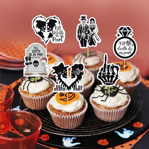 Black Halloween Bride or Die Cupcake Toppers 24Pcs Bachelorette Party Decorations