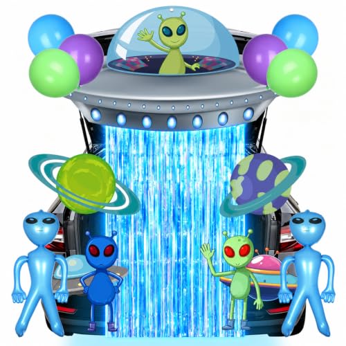 Blue Alien UFO Birthday Decorations Kit with Backdrop and Balloons - Alien Party Supplies
