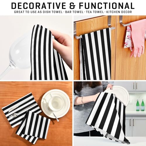 Stripe Kitchen Towels 4 Pack - White & Black Dishcloths, 18x28 Inches, Absorbent & Quick Dry