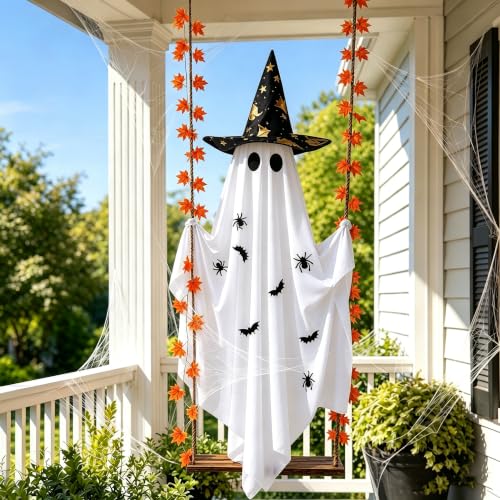 Halloween Outdoor Ghost Swing Decoration with LED Lights & Witch Hat - 5.4FT