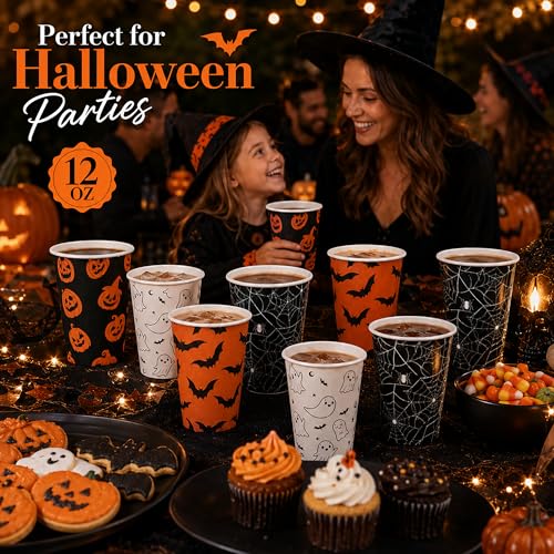 Halloween Paper Cups with Lids 80 Pack 12 oz Coffee Cups - Black Lids & 4 Designs