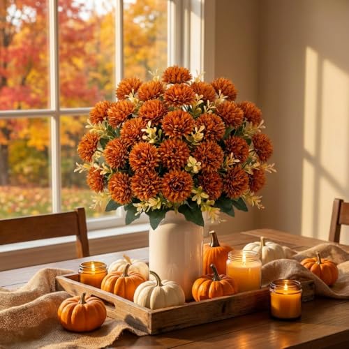 Artificial Fall Flowers - Burnt Orange Faux Mums for Outdoor Decor, 24 Heads
