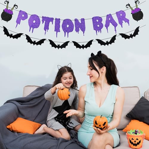 Halloween Glitter Potion Bar Banner with Bat Garland - Spooky Party Decor