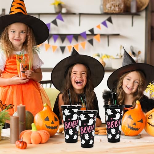 Halloween Ghost Plastic Cups with Straws and Lids - 24oz, Pack of 12 - Ghost Design