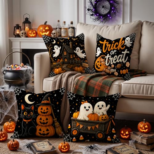 Halloween Throw Pillow Covers 18x18 Inch Set of 4 - Eerie Pumpkin Ghosts Bats