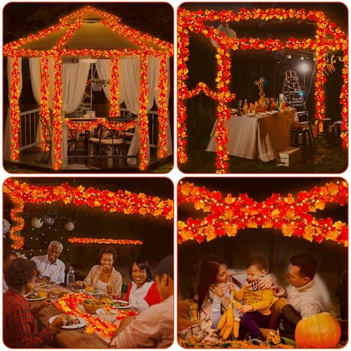 2-Pack 18FT Plug-In Fall Garland with Lights for Thanksgiving & Halloween Decor - Orange Leaves