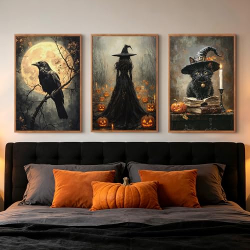 Halloween Wall Art Set - Dark Witch & Black Cat Gothic Prints 24x36 Inches - Variation of Dark Halloween