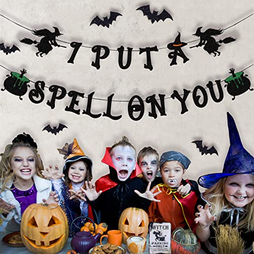 Halloween Banner with Witch, Pumpkin & Bats - Glittery Spooky Decor Garland