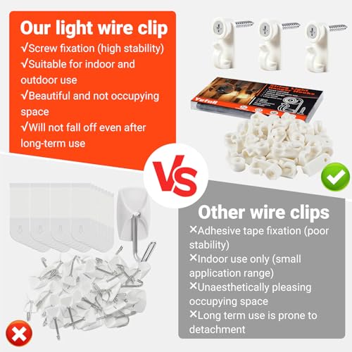White 60 Pack String Light Hooks for Outdoor Christmas & Fairy Lights - Weatherproof & Screw-in Design