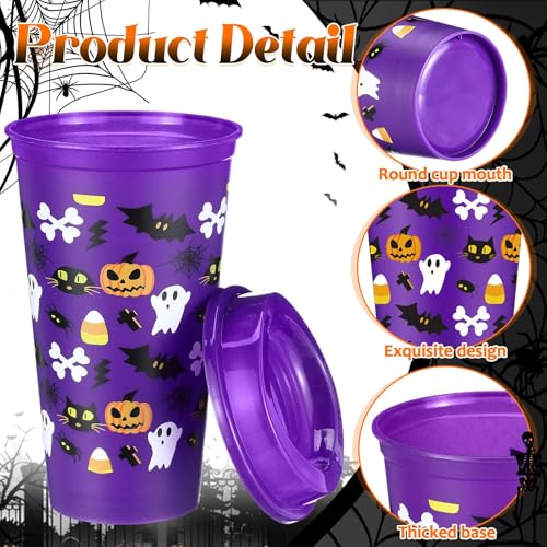 Halloween Reusable Plastic Cups Bulk 16 oz with Lids - Pickmesh 28 Pack Variation
