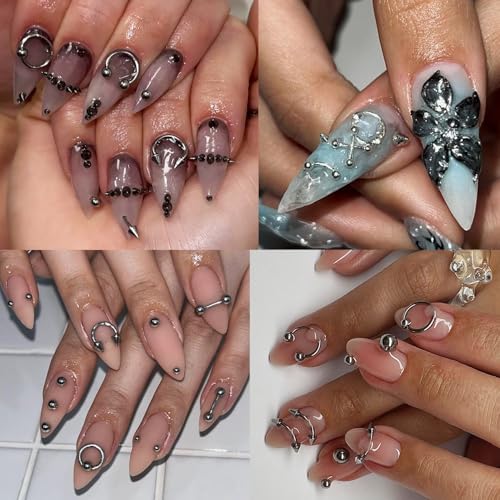 Nail Piercing Charms Set Silver Black 2 - Punk Gothic Nail Art Decorations