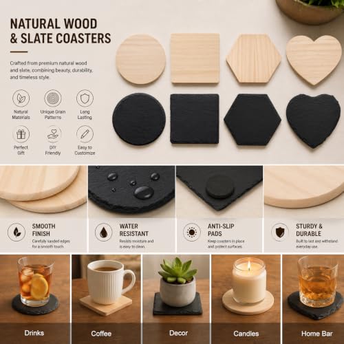Unfinished Slate and Wood Coaster Set for DIY Crafts - 120 Pcs