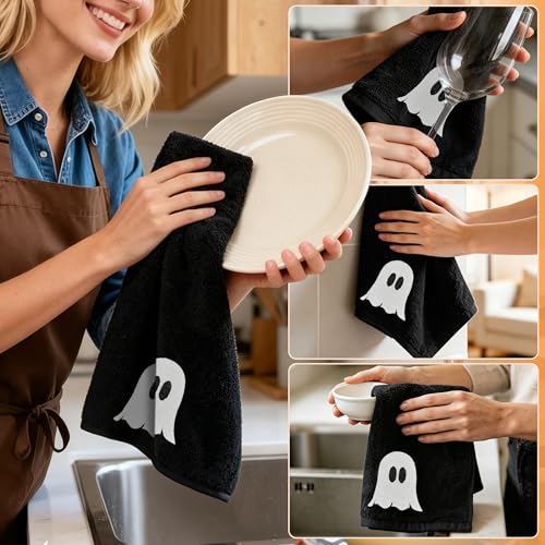 Halloween Hand Towels Set - 14x30 Inch Embroidered Ghost Bathroom Decor - Hexagram