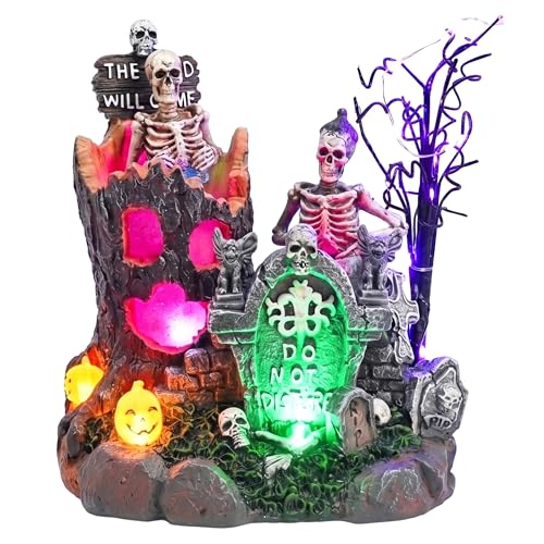 Lighted Halloween Village Scene with Skeleton Trees and Gravestones - Spooky Decor for Home & Party