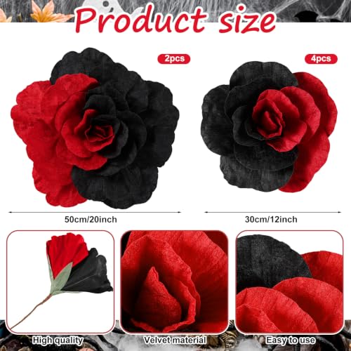 Giant Black and Red Artificial Flowers Roses Velvet Halloween Decor Set - 6 Pieces