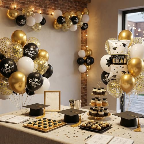 Black Gold White Graduation Balloons Set 60 Pcs for Party Decorations
