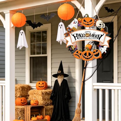 Halloween Wooden Wreath for Front Door - Spooky Decor with Ghosts Bats & Pumpkins